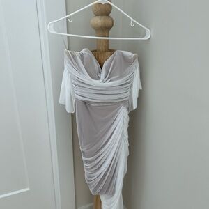 Elegant White and Gray Draped Dress